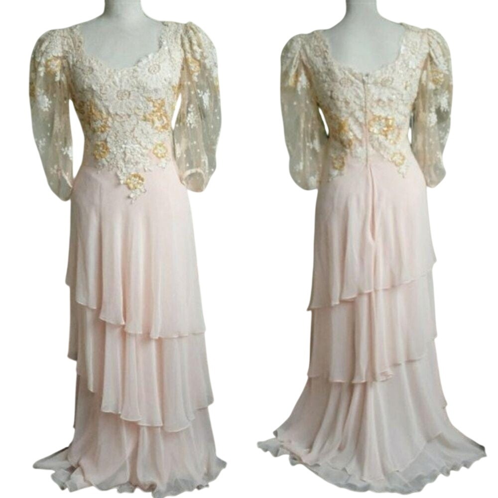 Vtg Judy Hornby Women's Size Small Silk‎ and Lace Applique Tiered Maxi Gown